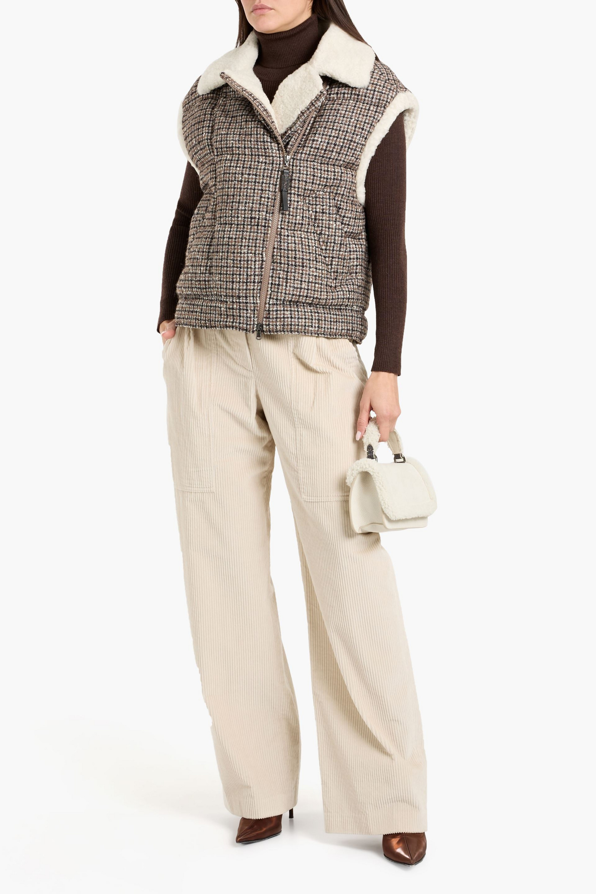 Brunello Cucinelli Shearling-trimmed checked quilted wool-blend tweed vest