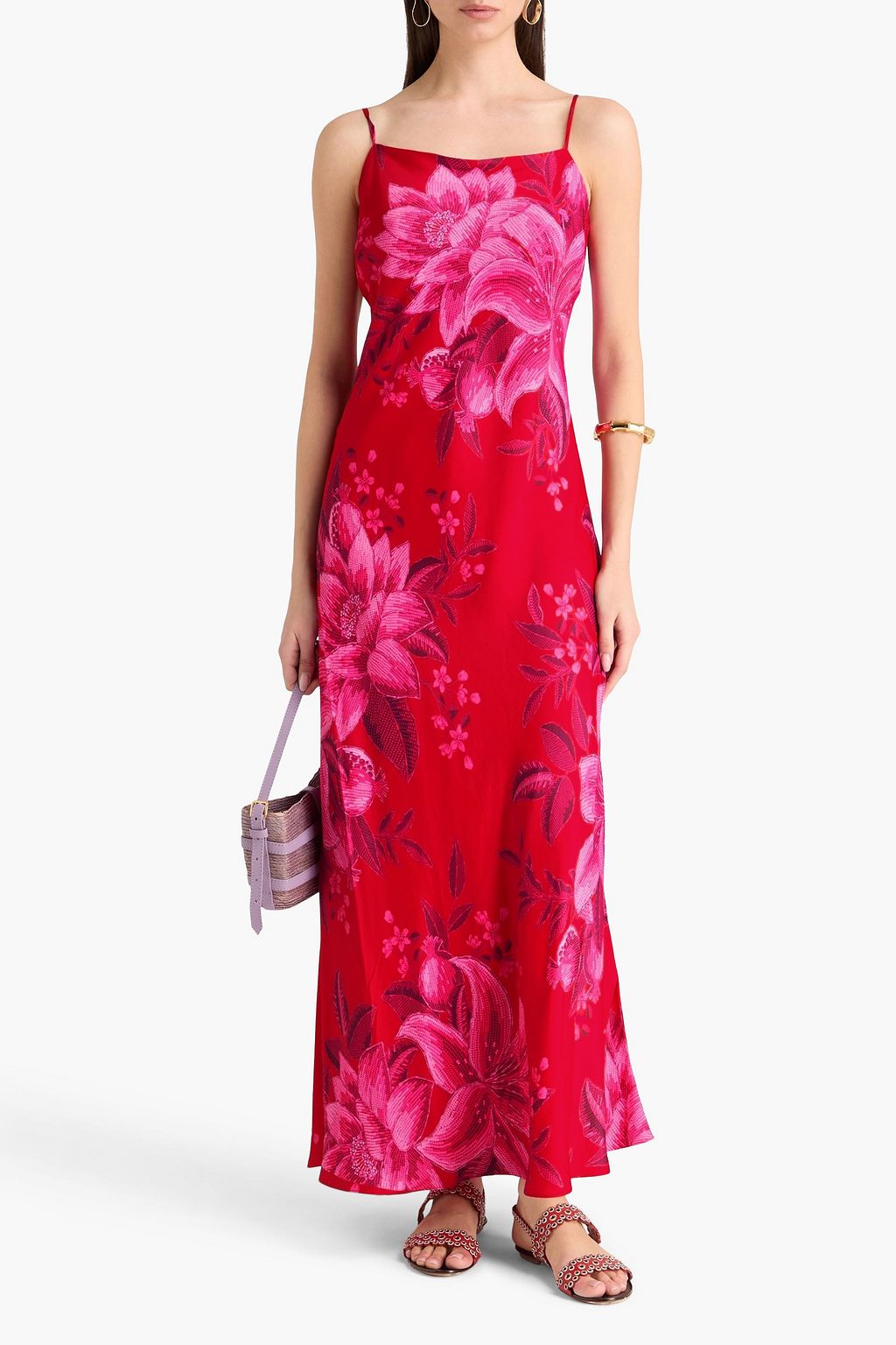 farm rio floral pink slip maxi dress FARM RIO Floral-print satin maxi slip dress