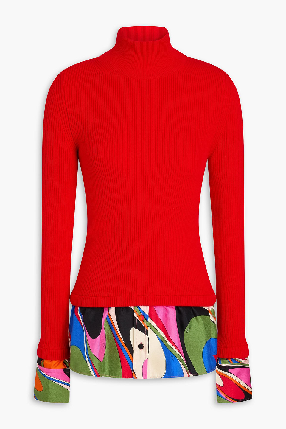Pucci Printed Twill-paneled Wool-blend Turtleneck Sweater In Red