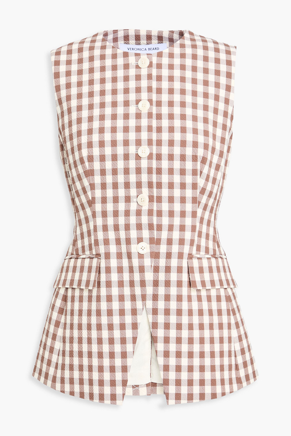 veronica beard - lois gingham cotton-blend seersucker vest - brown - us 4