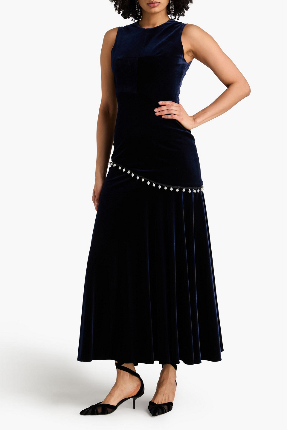  Borgo De Nor - Maxikleid „sole“ Aus Samt Mit Zierperlen - Blau - Uk 12 