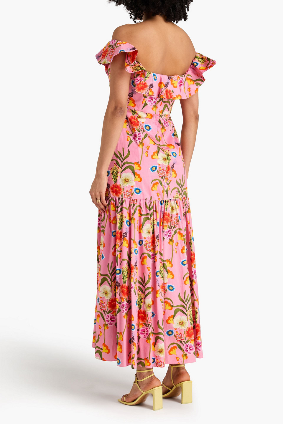  Borgo De Nor - Schulterfreies Maxikleid „jazella“ Aus Baumwolle Mit Rüschen Und Floralem Print - Pink - Uk 14 