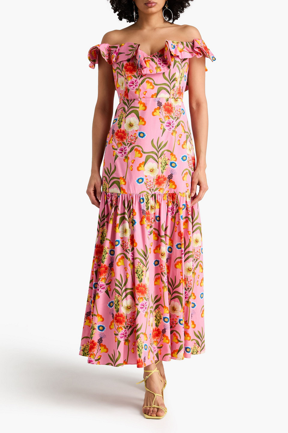  Borgo De Nor - Schulterfreies Maxikleid „jazella“ Aus Baumwolle Mit Rüschen Und Floralem Print - Pink - Uk 14 