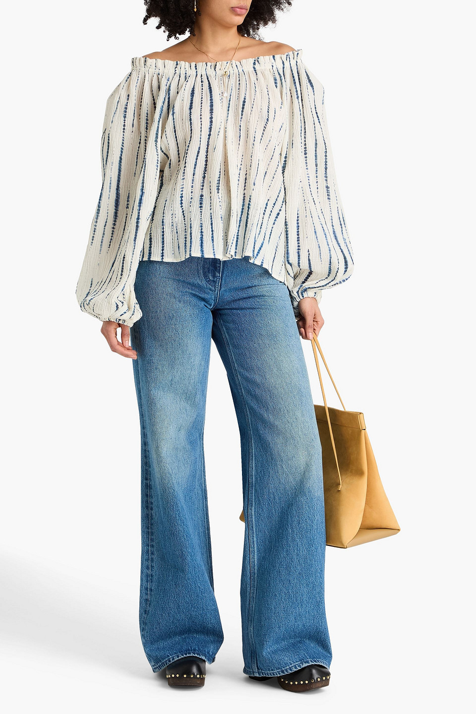 Tory Burch - Schulterfreies Oberteil Aus Gaze Aus Einer Ramie-baumwollmischung In Knitteroptik Mit Print - Weiß - Xs 
