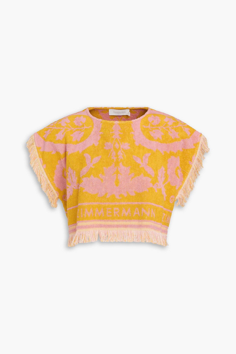 zimmermann - cropped fringed printed cotton-terry top - yellow - 0