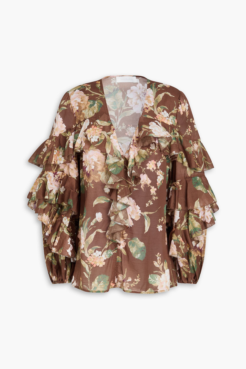 zimmermann - ruffled floral-print cotton-voile top - brown - 00