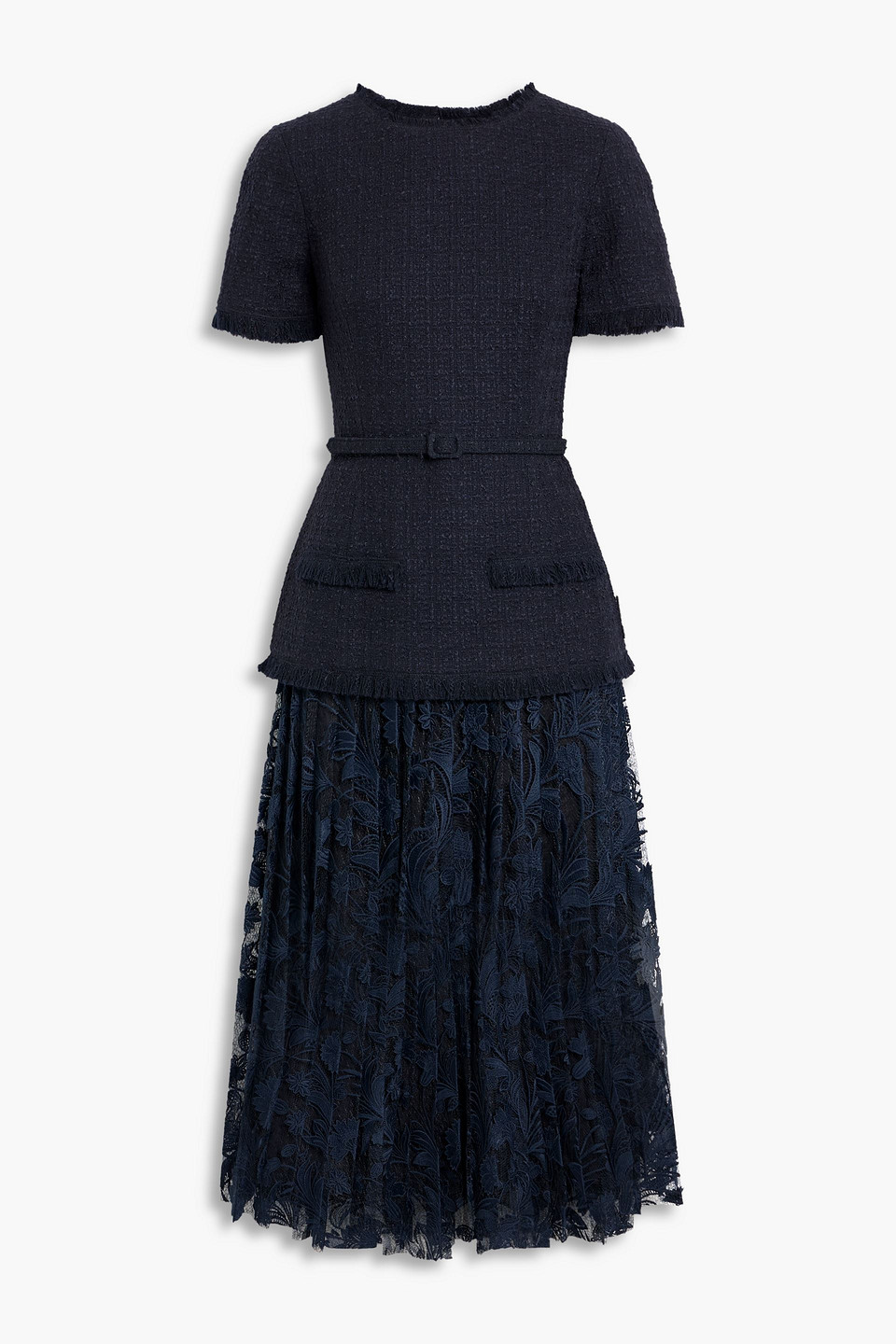 Oscar De La Renta Belted Wool-blend Tweed And Lace Midi Dress In Blue