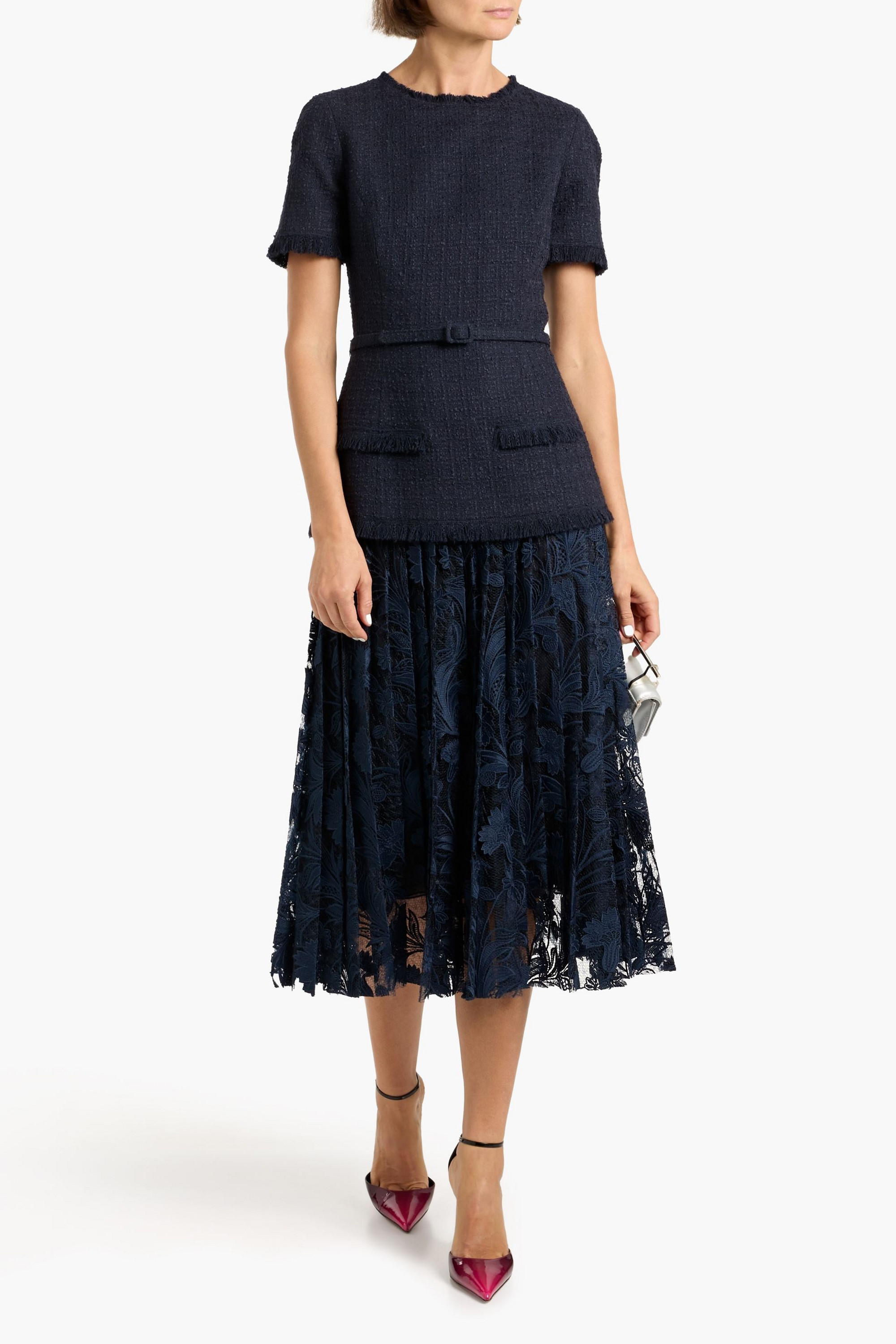 Oscar de la Renta - Belted wool-blend tweed and lace midi dress | Plush