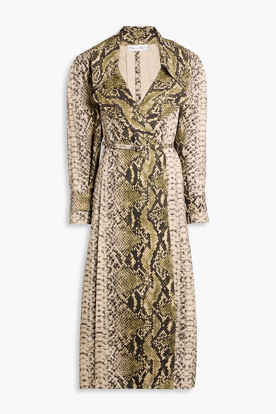 oscar de la renta - double-breasted snake-print cotton-twill trench coat - green - us 10