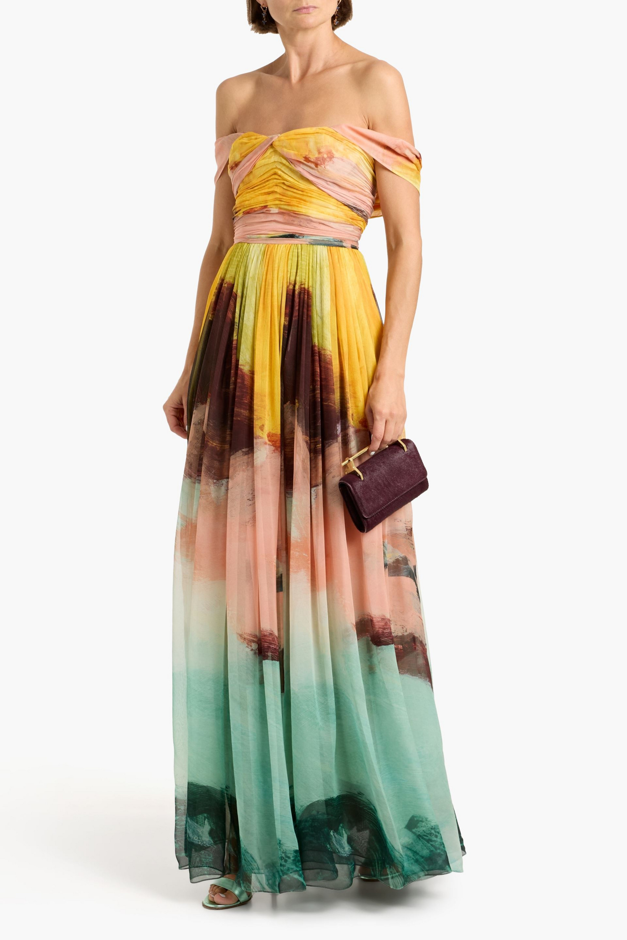 Oscar de la Renta Off-the-shoulder draped printed silk-chiffon gown