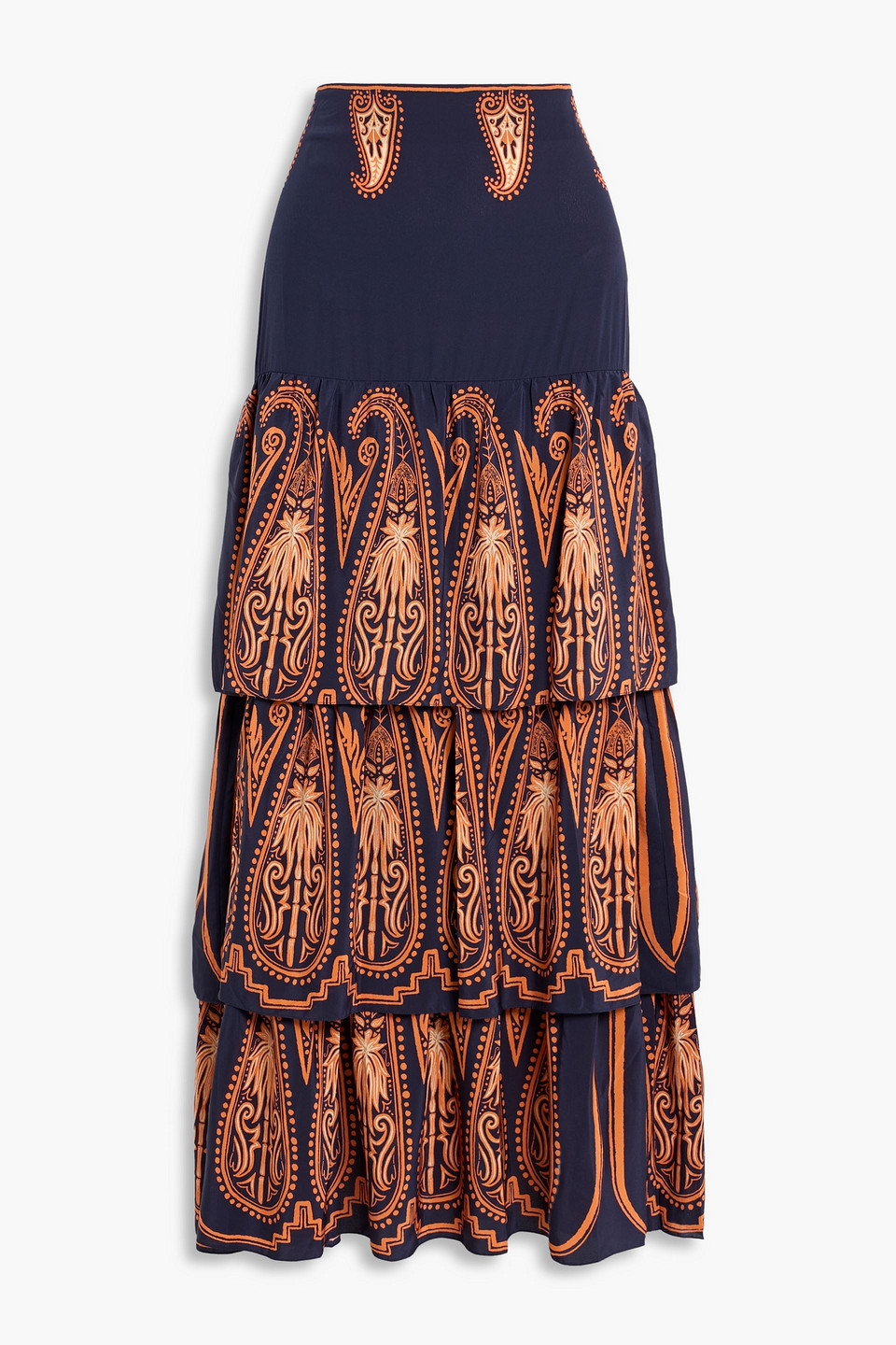 johanna ortiz - persian origin tiered printed silk crepe de chine maxi skirt - purple - us 4
