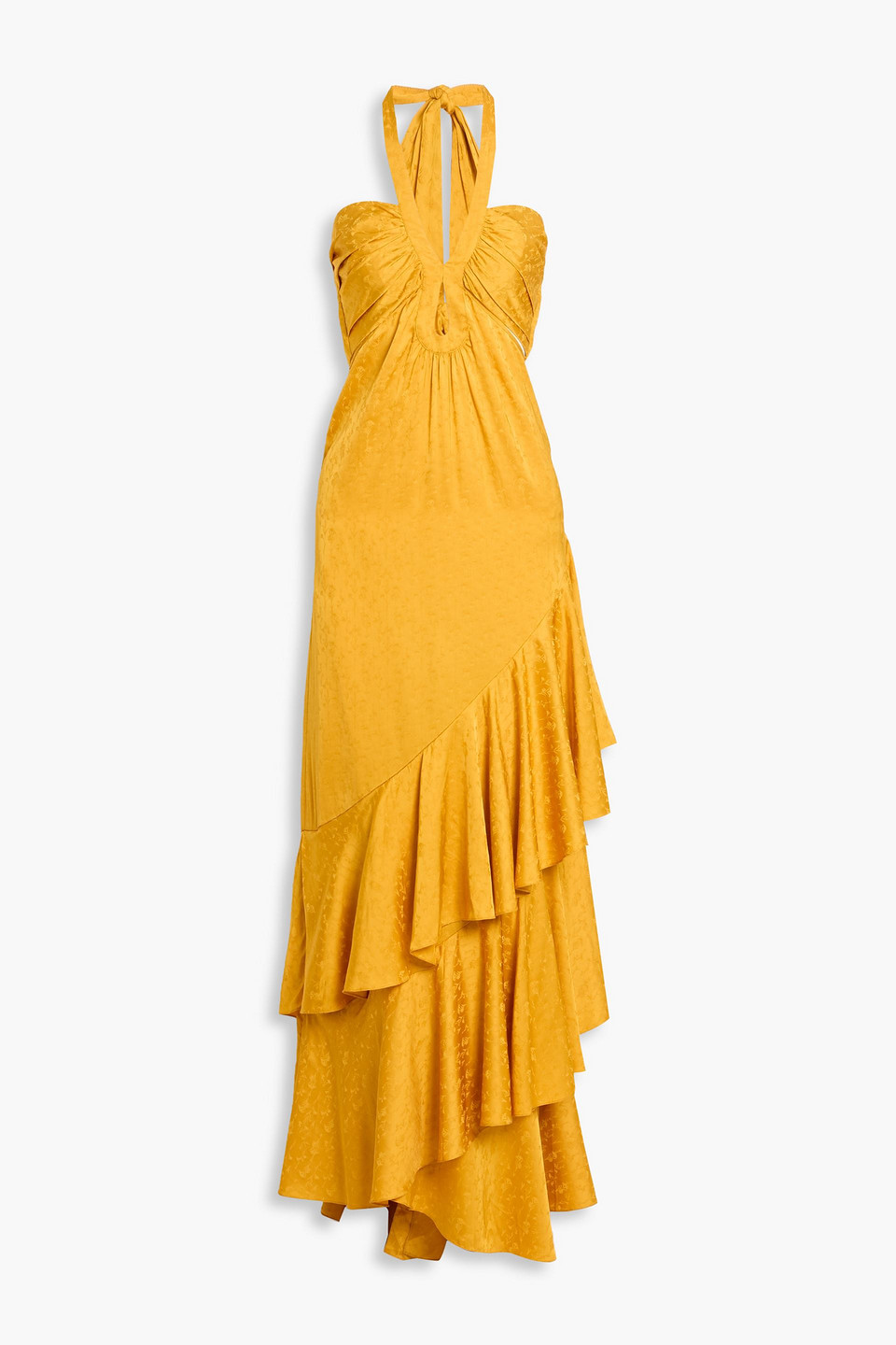 johanna ortiz - balladist tiered satin-jacquard halterneck maxi dress - yellow - us 4