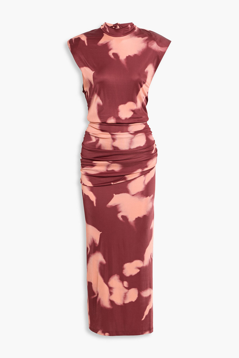 Johanna Ortiz Running Horses Ruched Printed Jersey Maxi Dress In Burgundy
