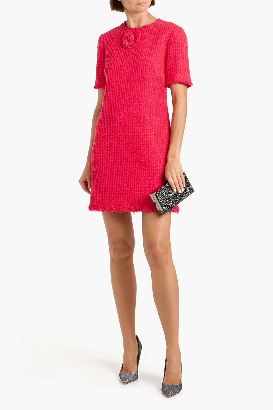 Oscar De La Renta Floral-appliquéd Wool-blend Tweed Mini Dress In Red