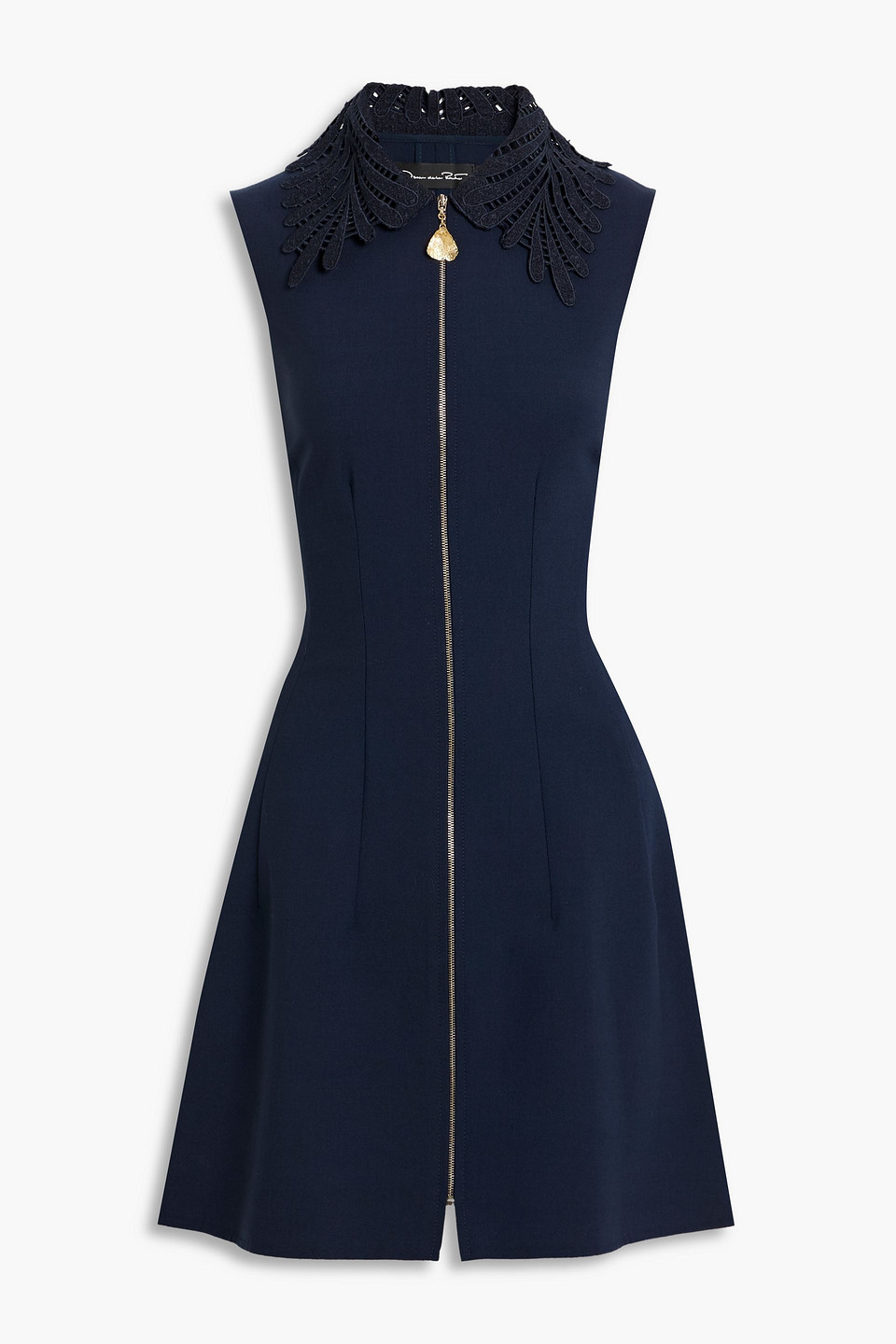 Oscar De La Renta Guipure Lace-trimmed Wool-blend Crepe Mini Dress In Blue