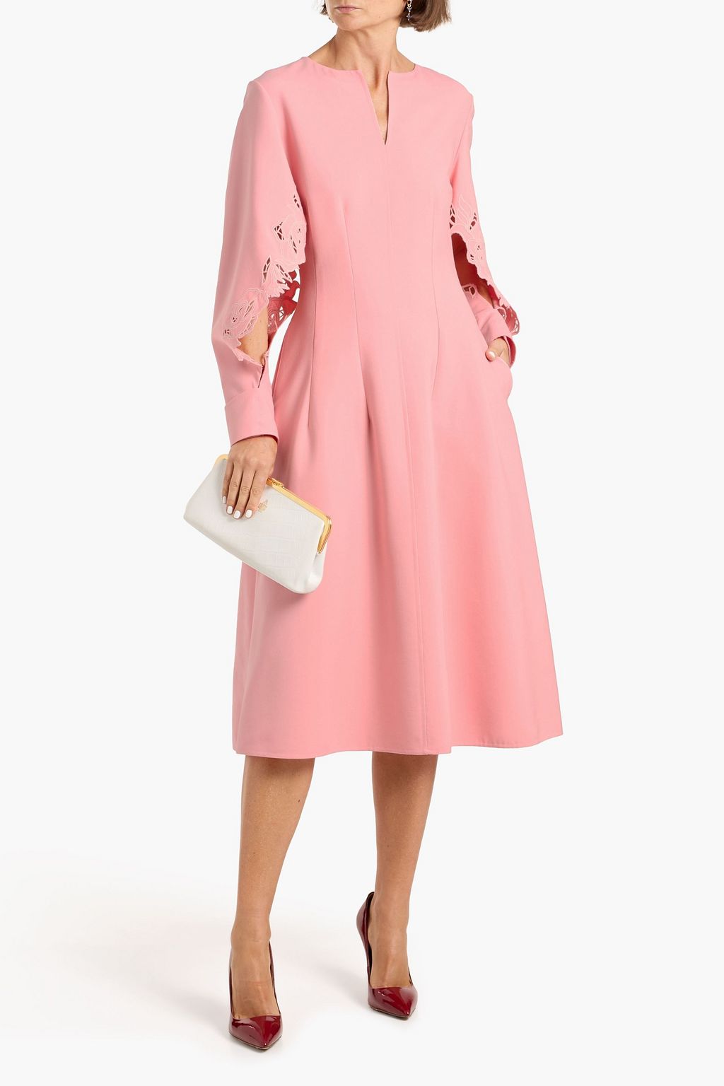 OSCAR DE LA RENTA Guipure lace-trimmed wool-blend crepe midi dress