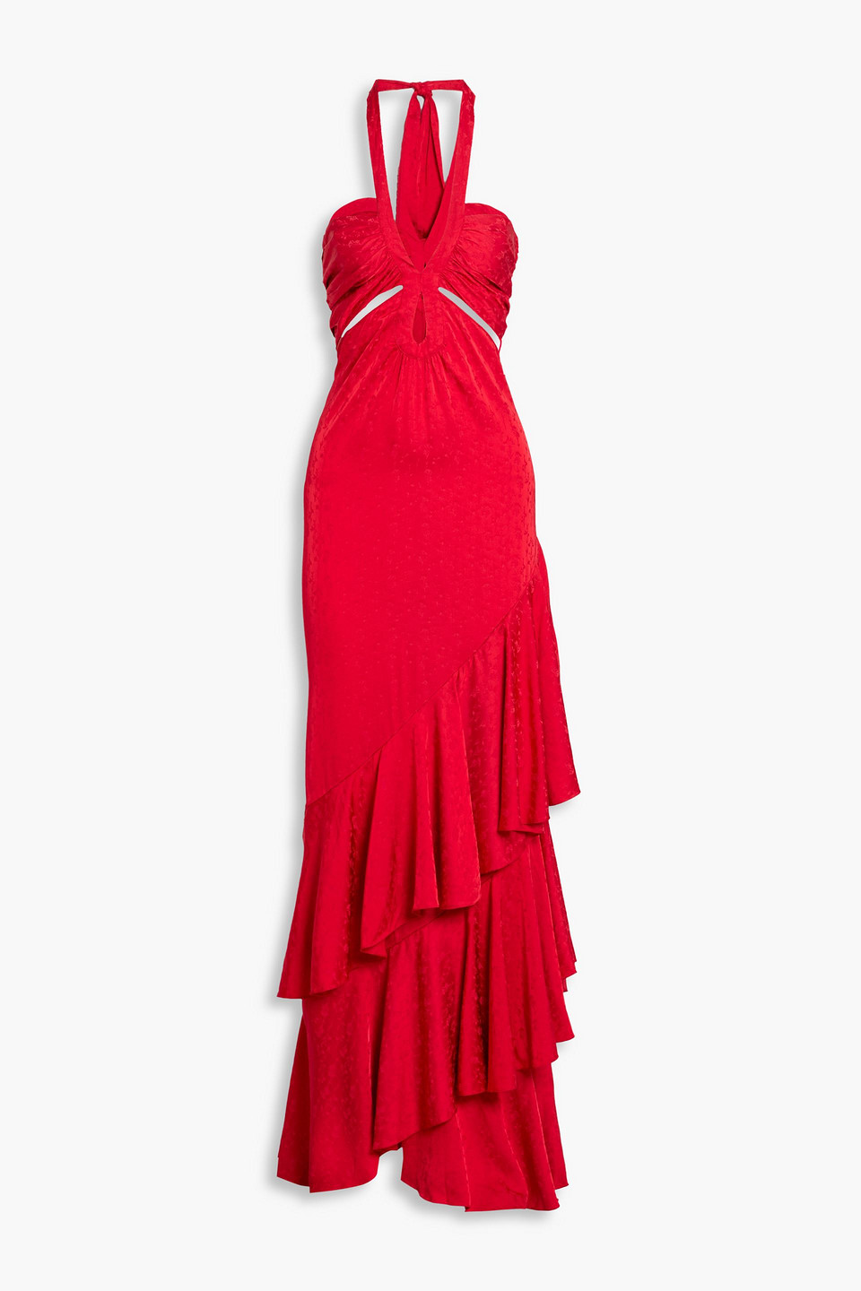 johanna ortiz - balladist tiered satin-jacquard halterneck maxi dress - red - us 0