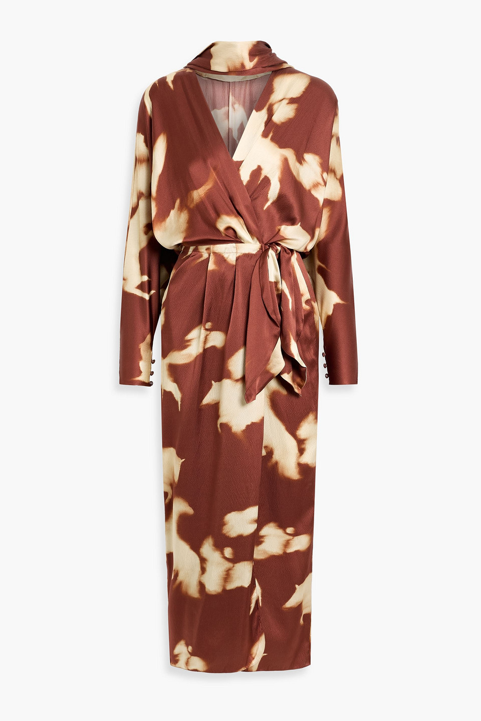 Johanna Ortiz Mojabe Trail Printed Hammered-silk Midi Wrap Dress In Brown