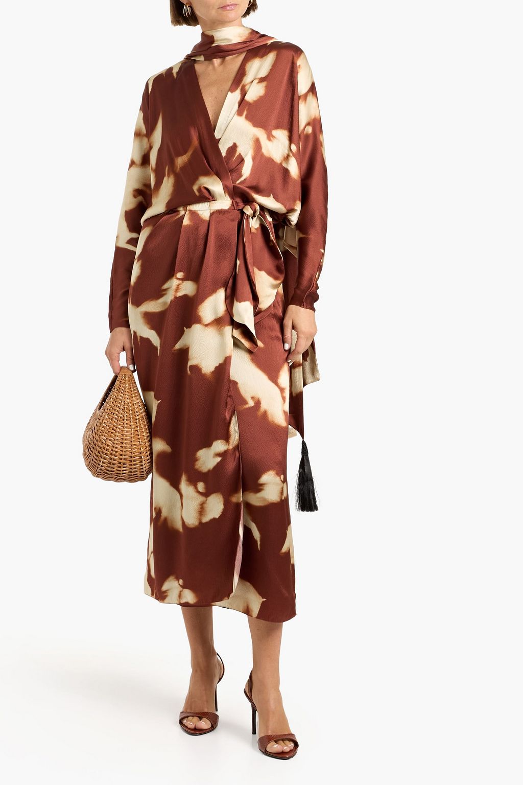 v neck midi dress long sleeve Marchesa Notte Printed Georgette Midi Dress