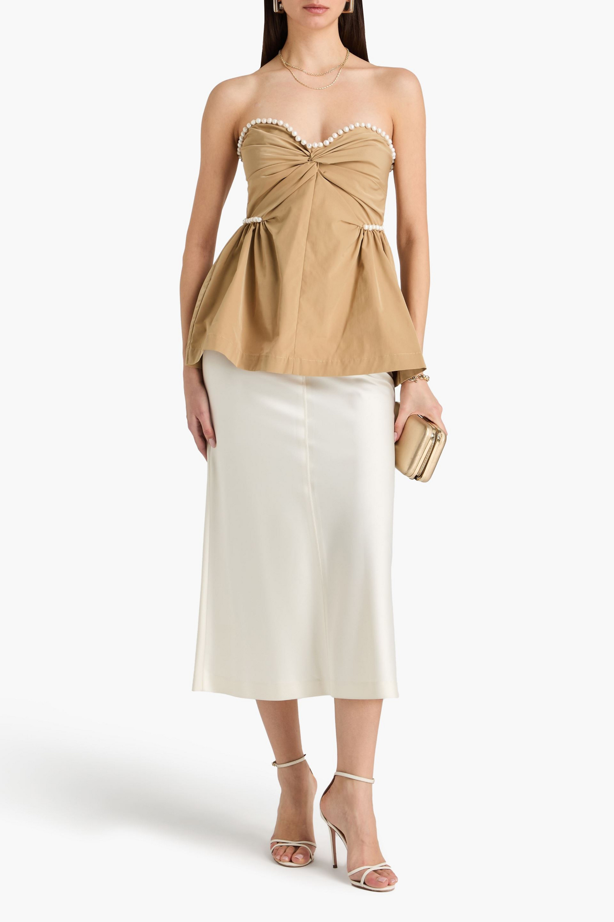 Kika Vargas Hebe strapless faux pearl-embellished woven top