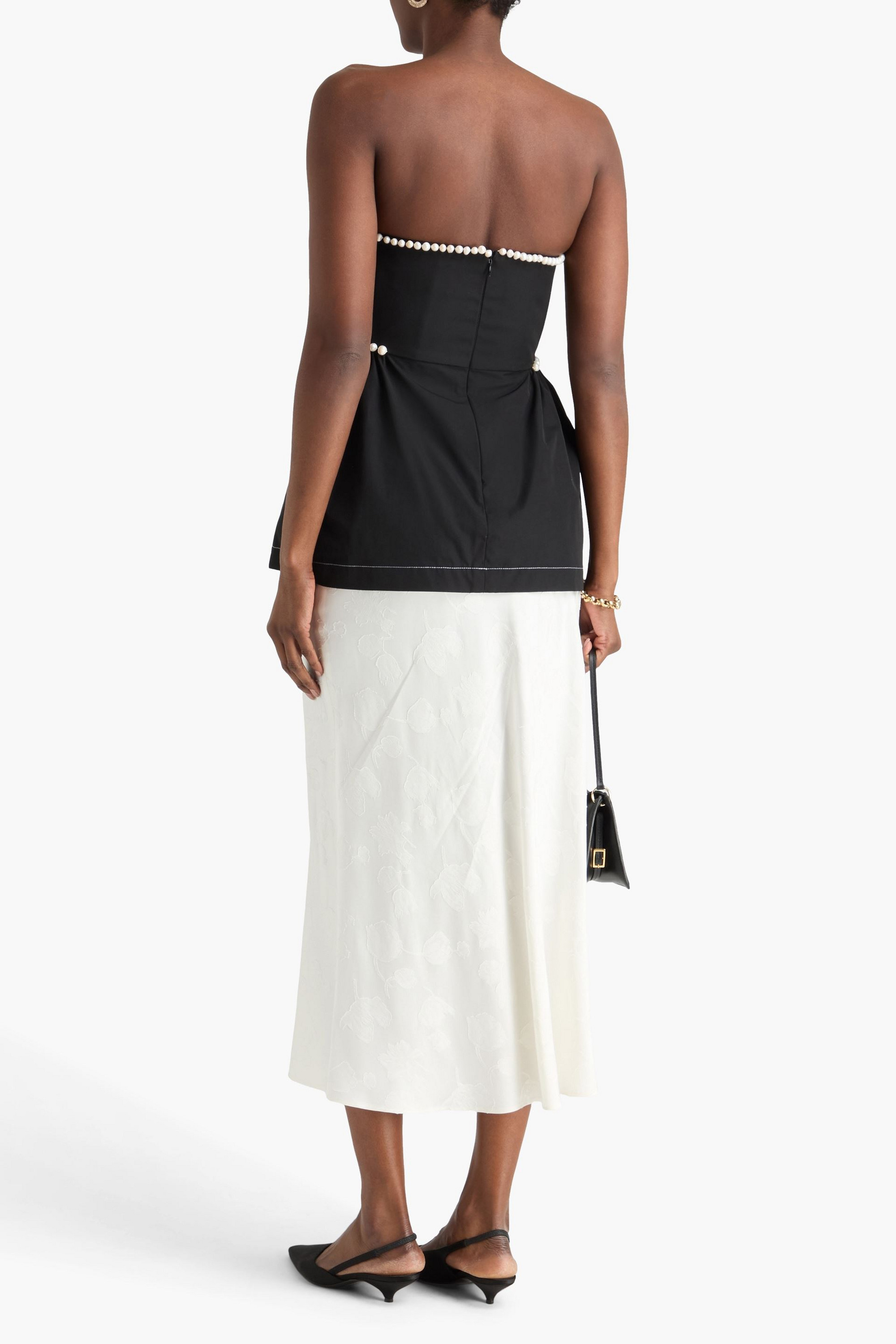 Kika Vargas Hebe strapless faux pearl-embellished woven top