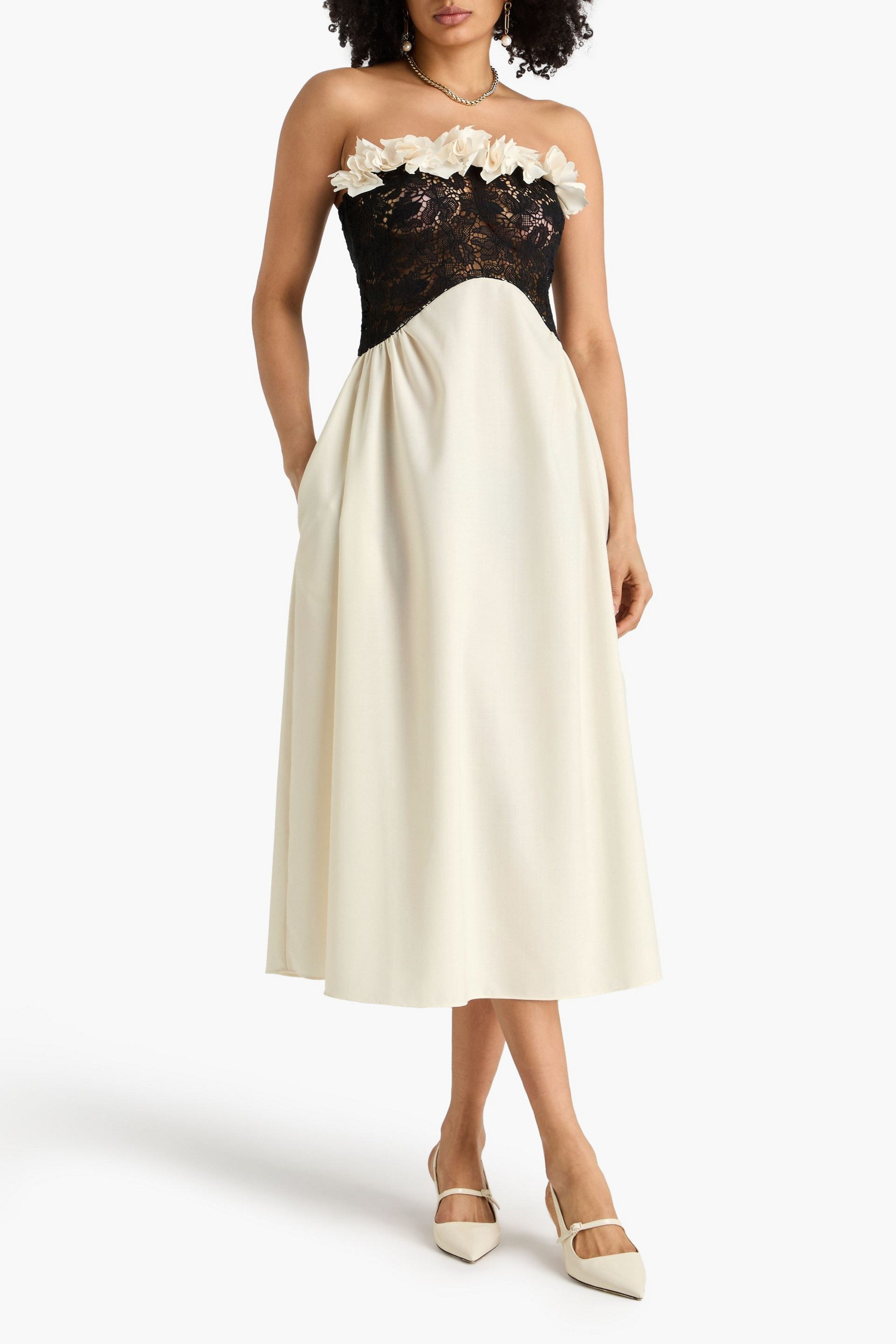 Kika Vargas Nelida strapless floral-appliquéd guipure lace and woven midi dress