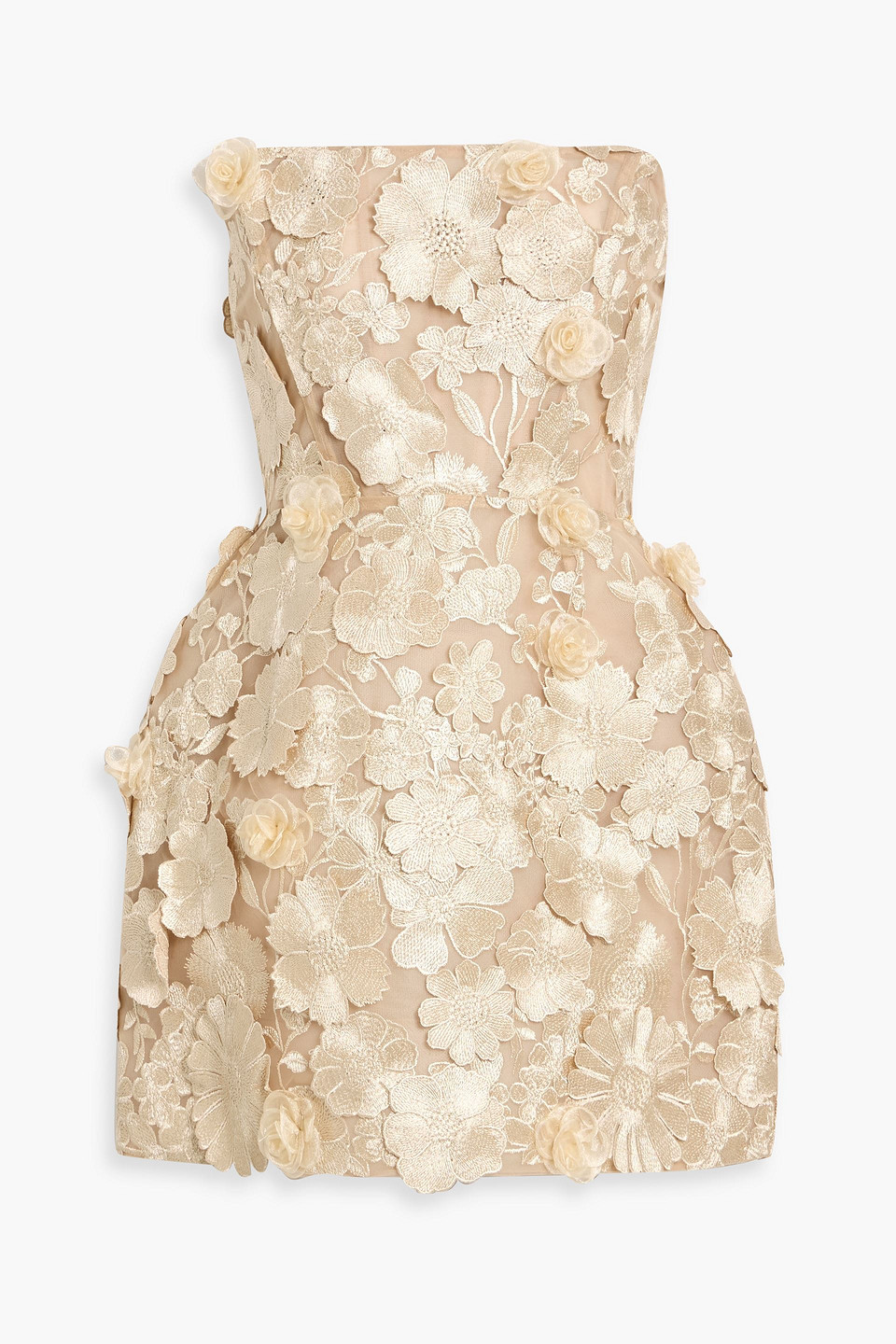 Bronx And Banco Jasmine Maraya Metallic Floral-appliquéd Tulle Mini Dress In Neutral
