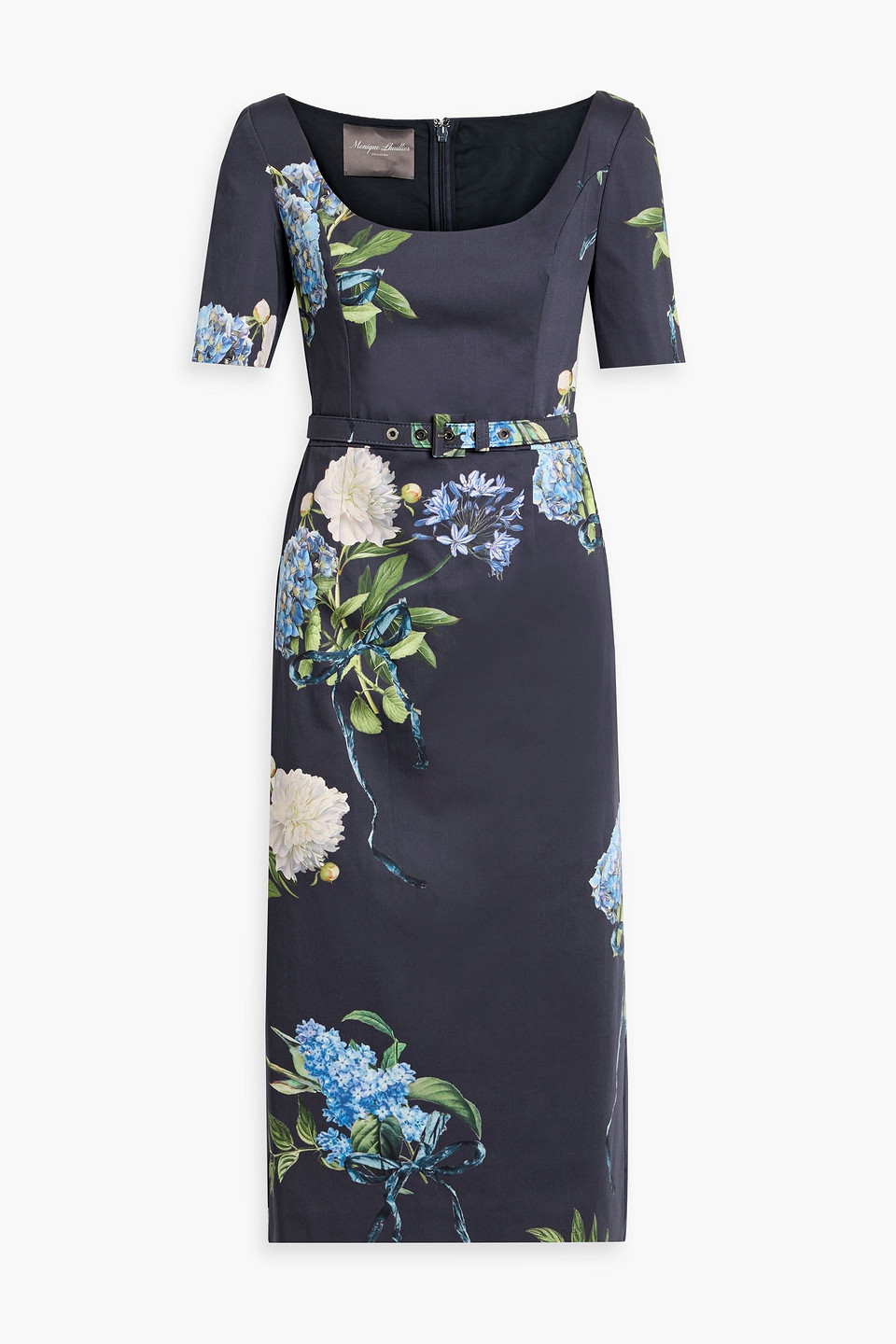 monique lhuillier - belted floral-print cotton-blend poplin midi dress - blue - us 4