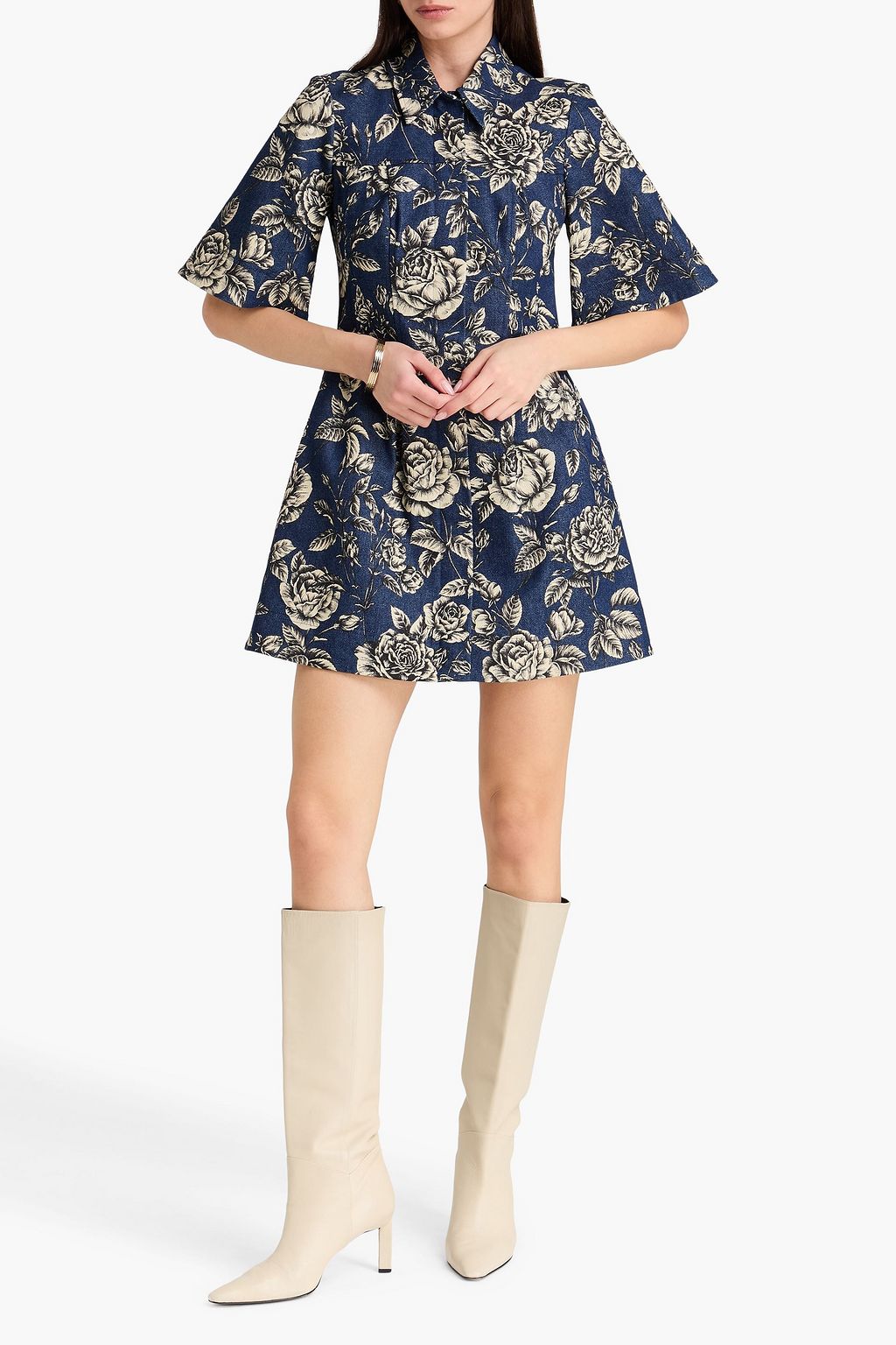 OSCAR DE LA RENTA Floral-print denim mini shirt dress | THE OUTNET OSCAR DE LA RENTA Floral-print denim mini shirt dress | THE OUTNET