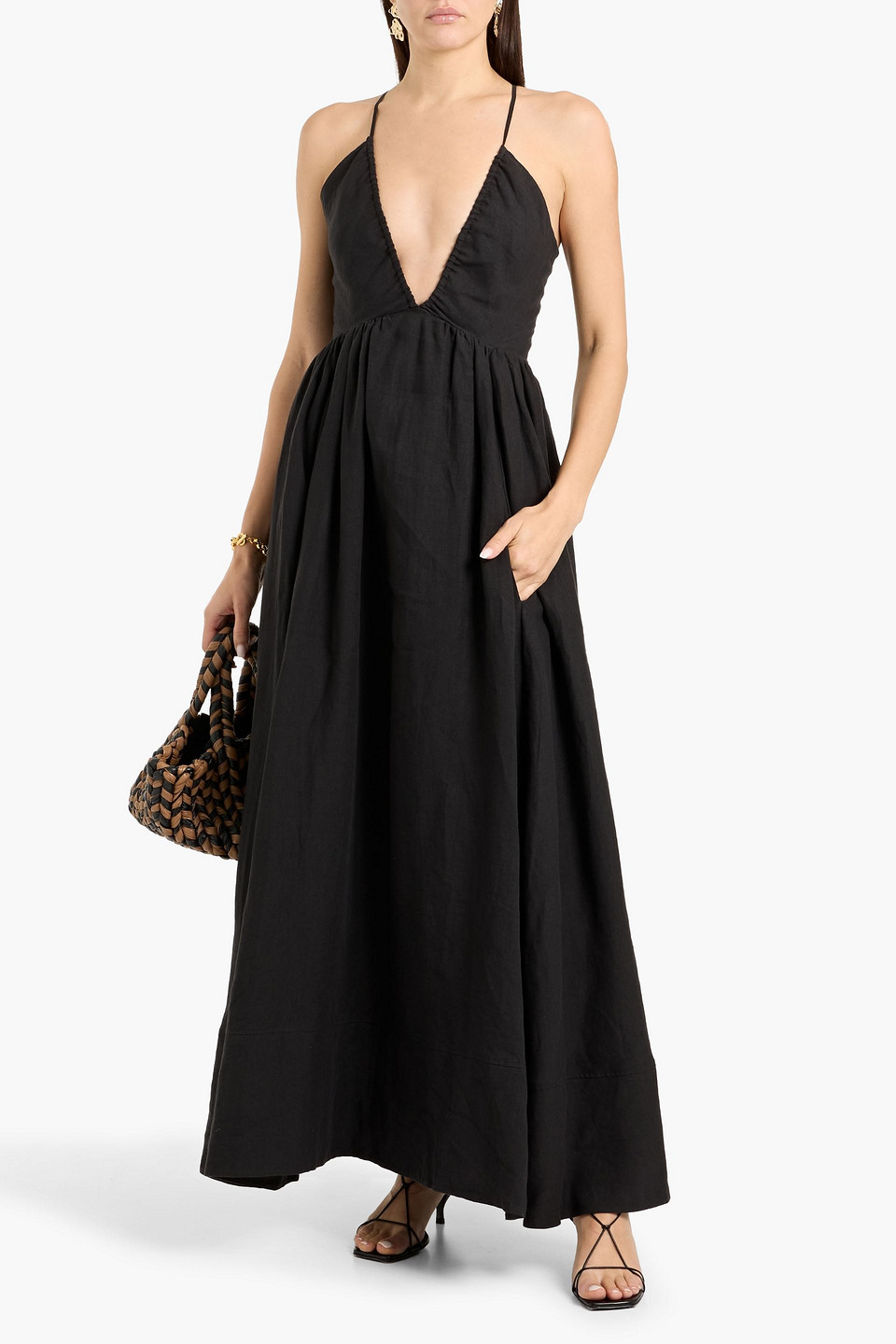  Another Tomorrow - Maxikleid Aus Leinen Mit Cut-outs - Schwarz - It 42 