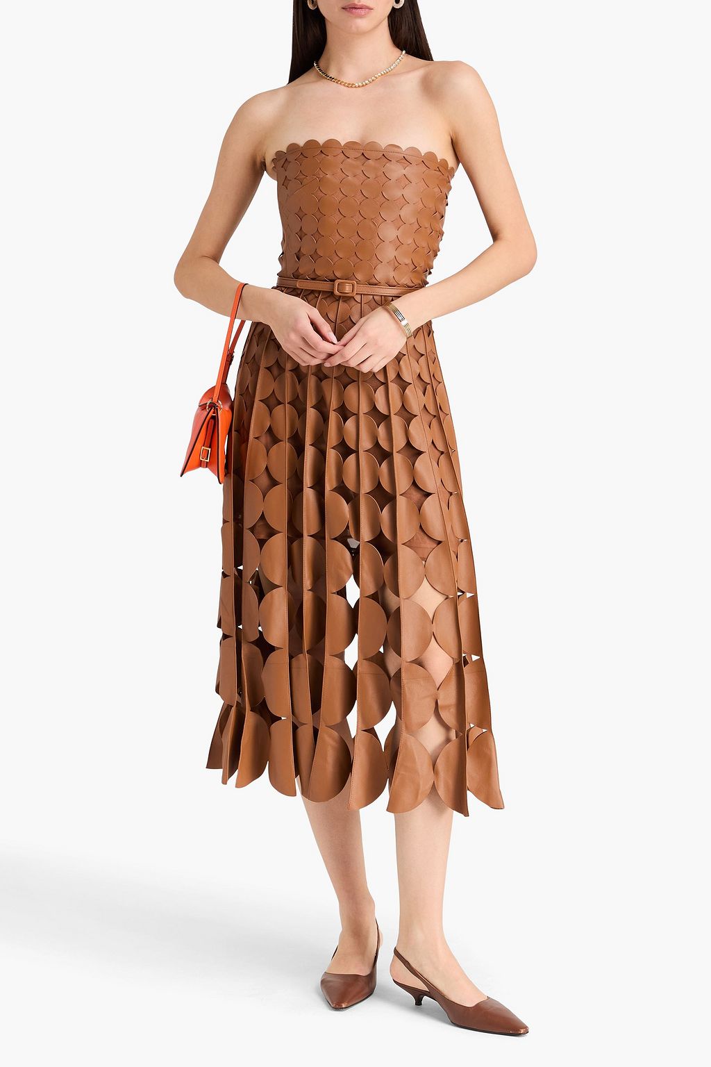 oscar de la renta leather dress Oscar De La Renta Ombre Button-Front Leather Midi Dress - Brown