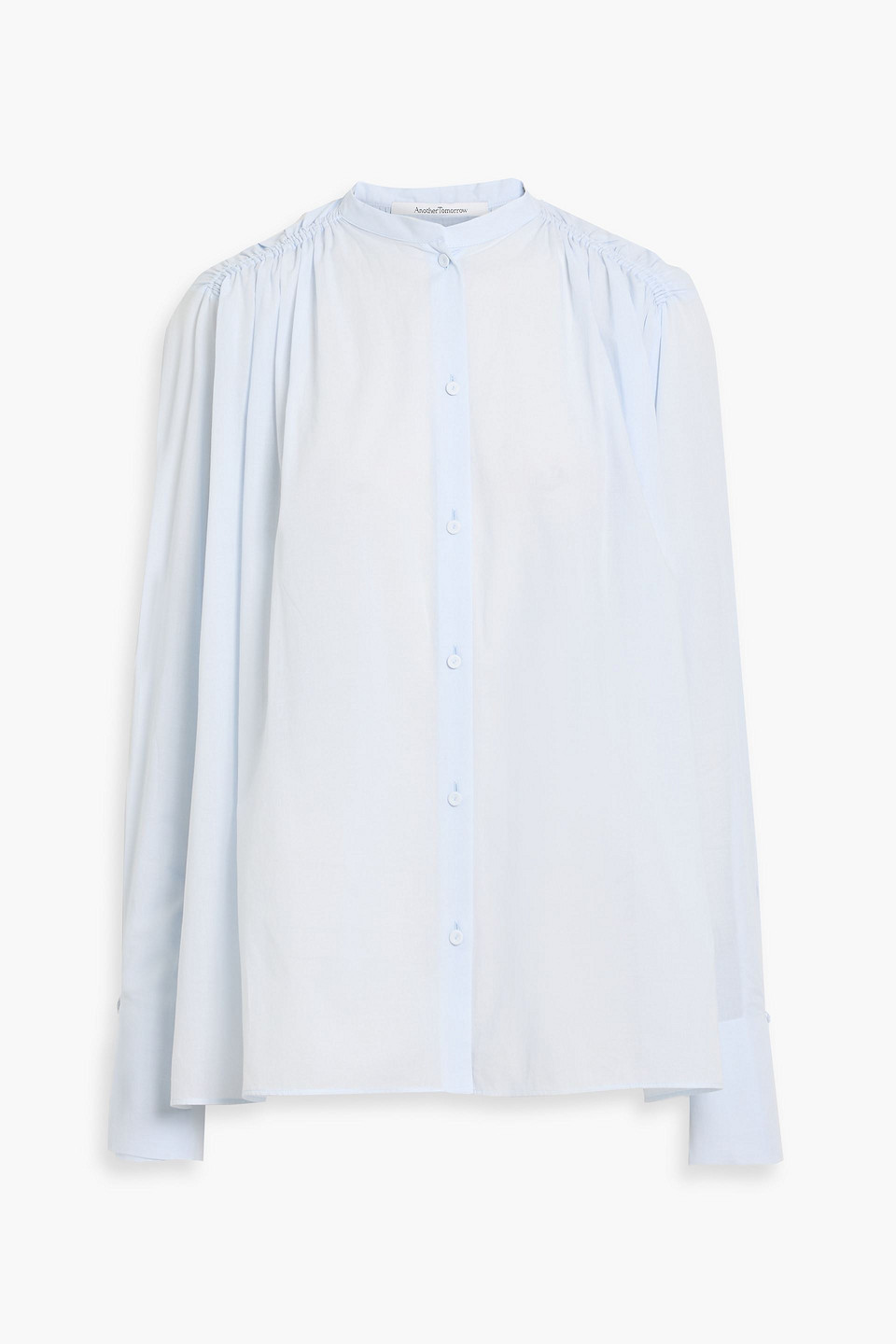 Another Tomorrow Gathered Cotton-voile Blouse In Blue