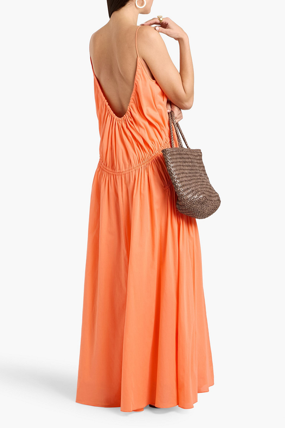  Another Tomorrow - Maxikleid Aus Baumwoll-voile Mit Raffung - Orange - S 