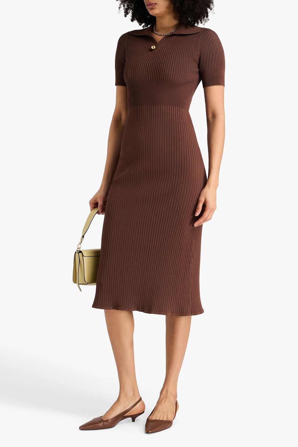 claudie pierlot brown dress CLAUDIE PIERLOT Ribbed-knit midi dress
