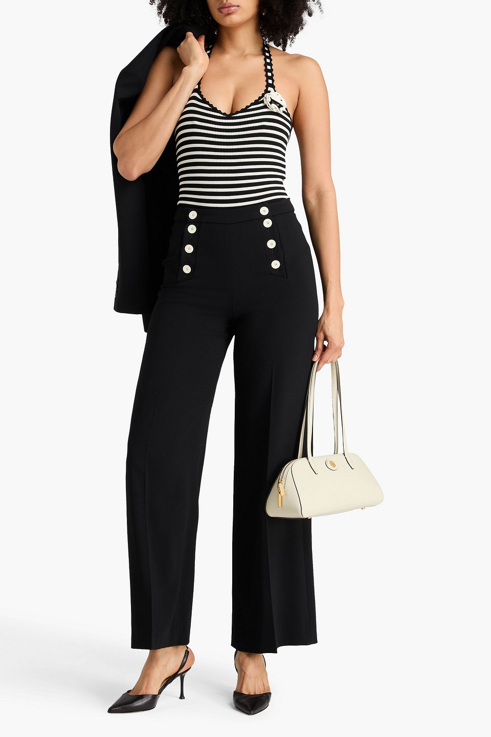 Claudie Pierlot - Neckholder-body „mari“ Aus Rippstrick Mit Streifen Und Floralen Applikationen - Schwarz - S 