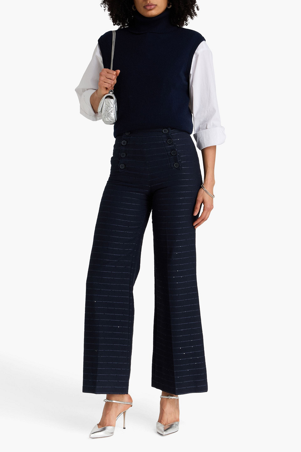  Claudie Pierlot - Hose „paulie“ Mit Weitem Bein Aus Tweed Aus Einer Baumwollmischung Mit Pailletten Und Streifen - Blau - Fr 34 