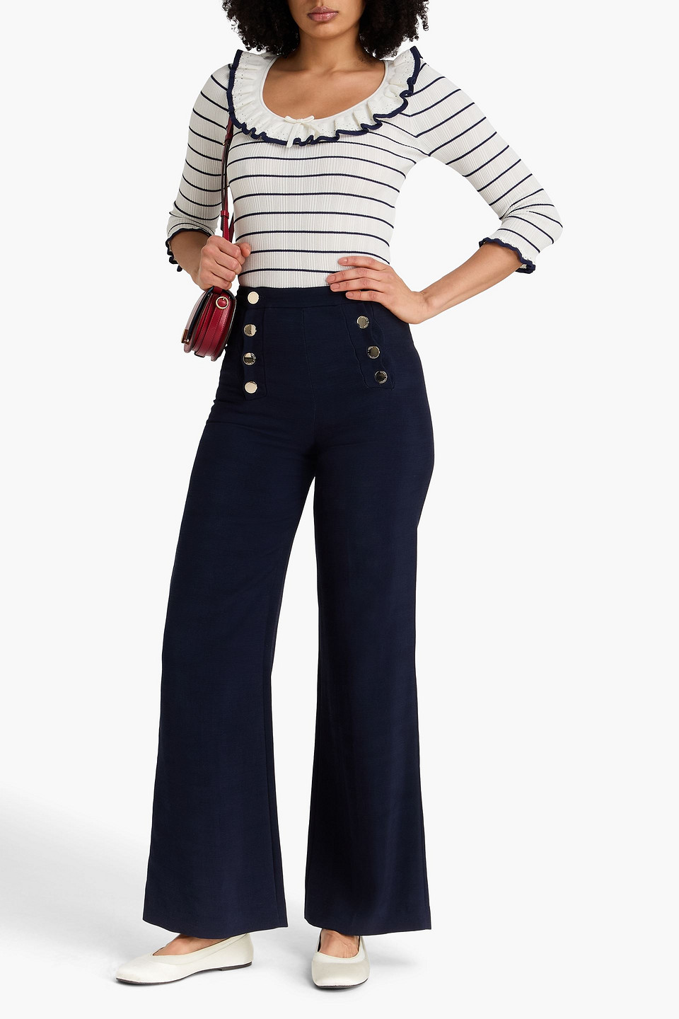  Claudie Pierlot - Gestreifter Strickpullover Mit Rüschen - Weiß - Xs 