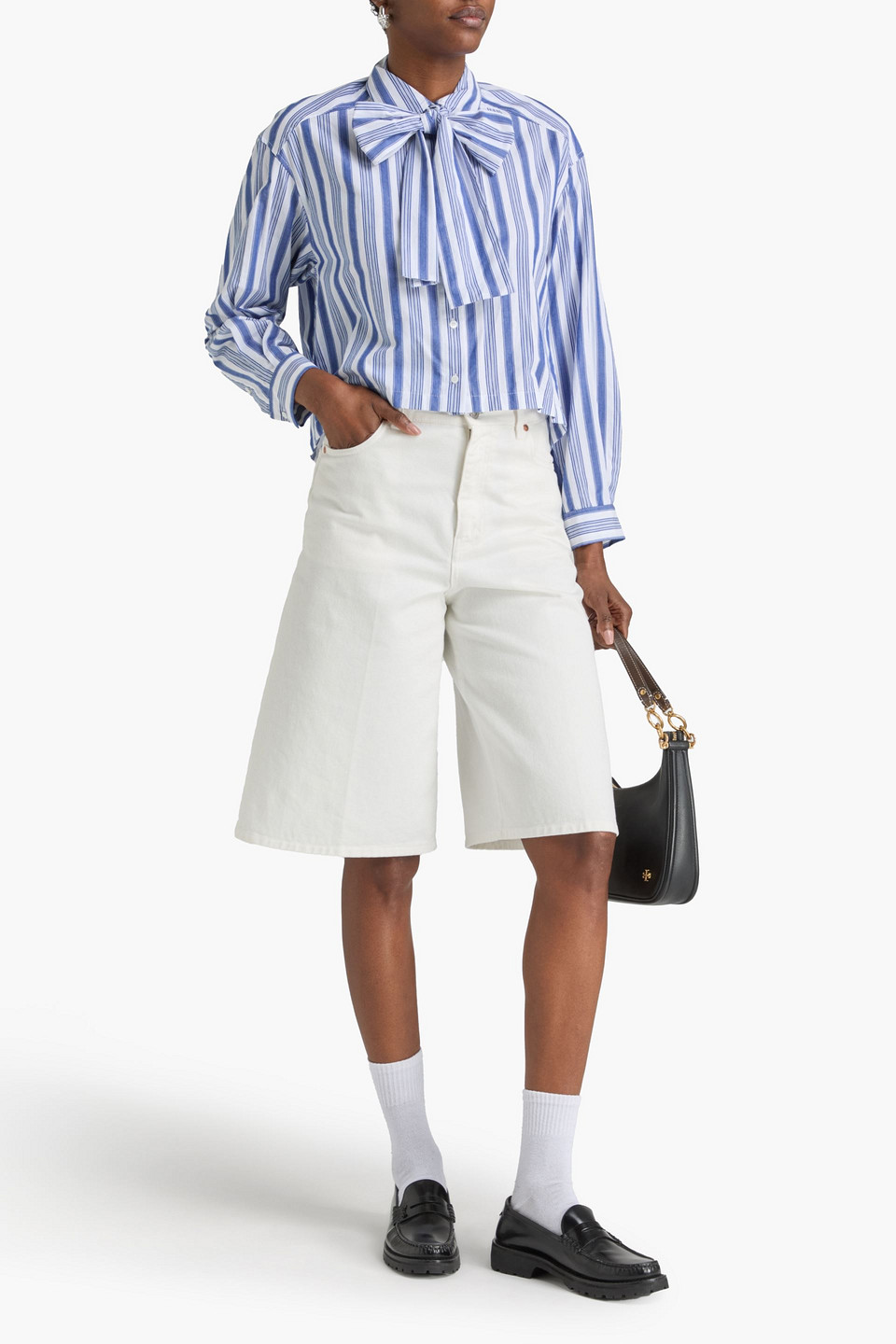  Claudie Pierlot - Cropped Hemd „carlo“ Aus Baumwollpopeline Mit Schluppe Und Streifen - Blau - Fr 34 