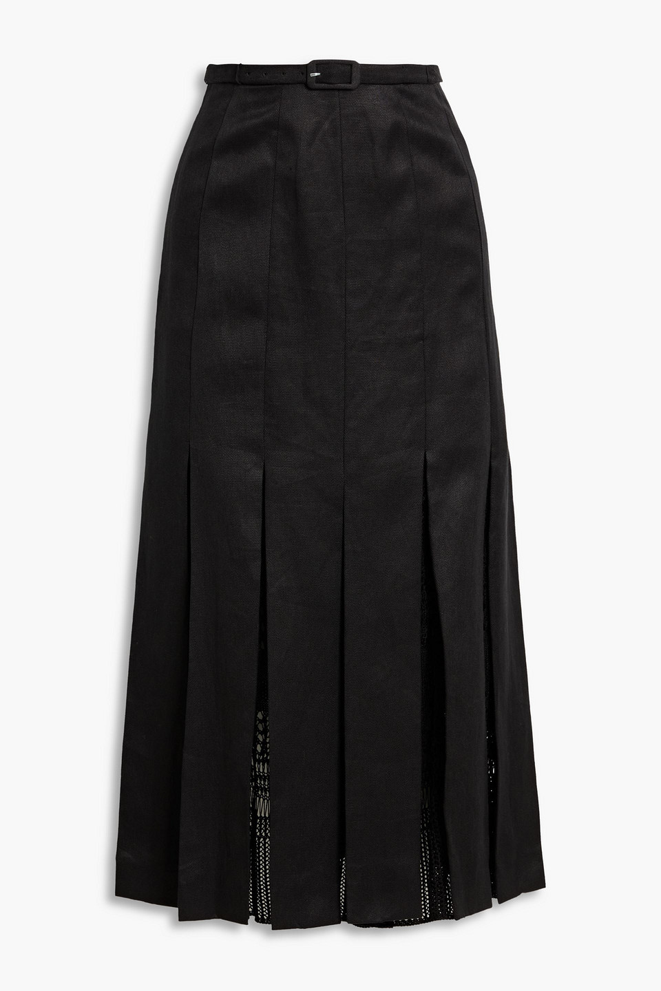 Gabriela Hearst Edith Pleated Linen-twill And Crocheted Silk Midi Skirt In Black
