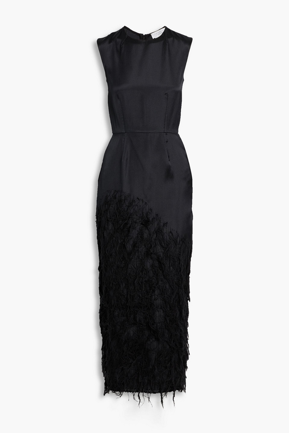Gabriela Hearst Maslow Feather-embellished Silk-satin Twill Midi Dress In Black