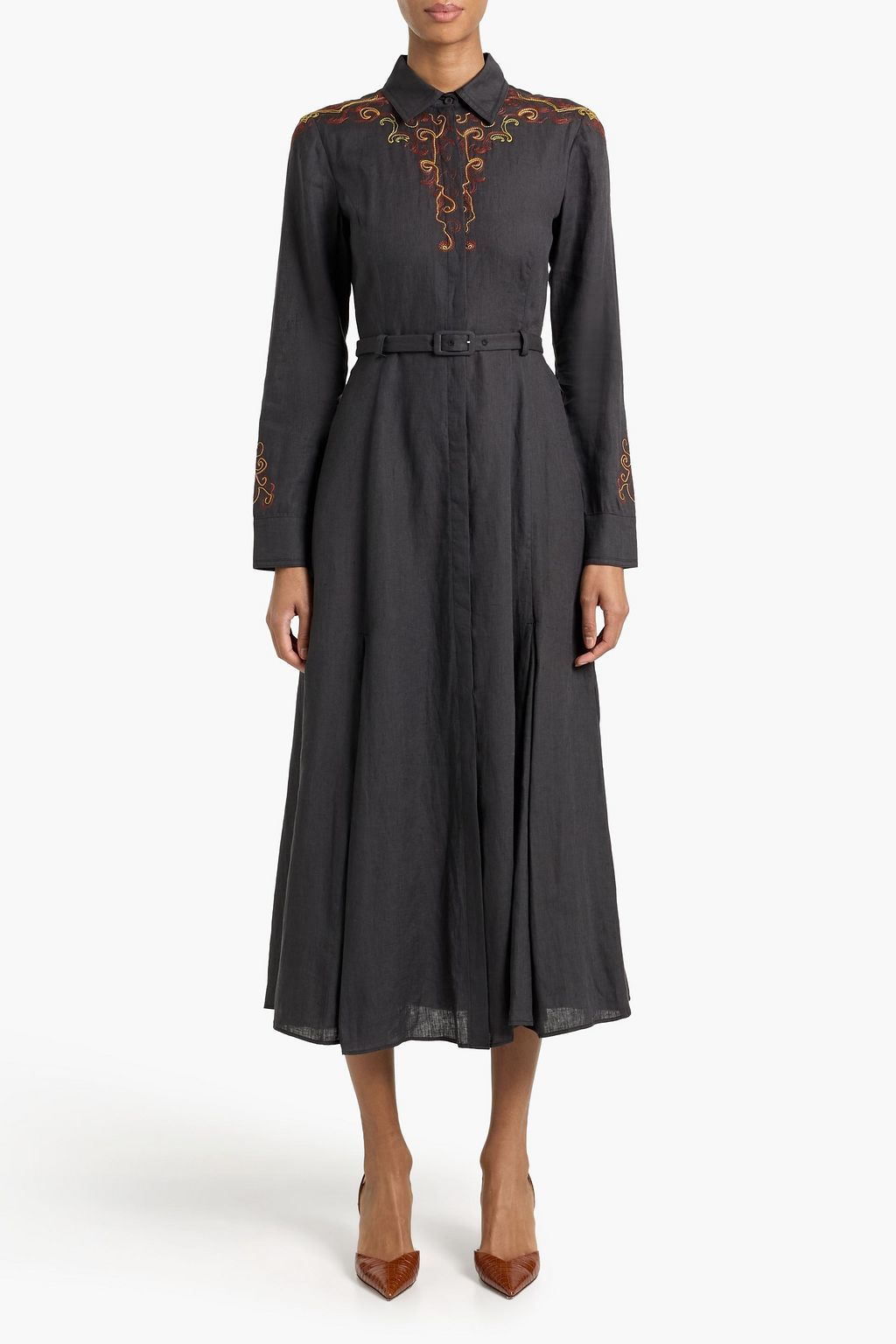GABRIELA HEARST Aloe embroidered pleated linen midi shirt dress
