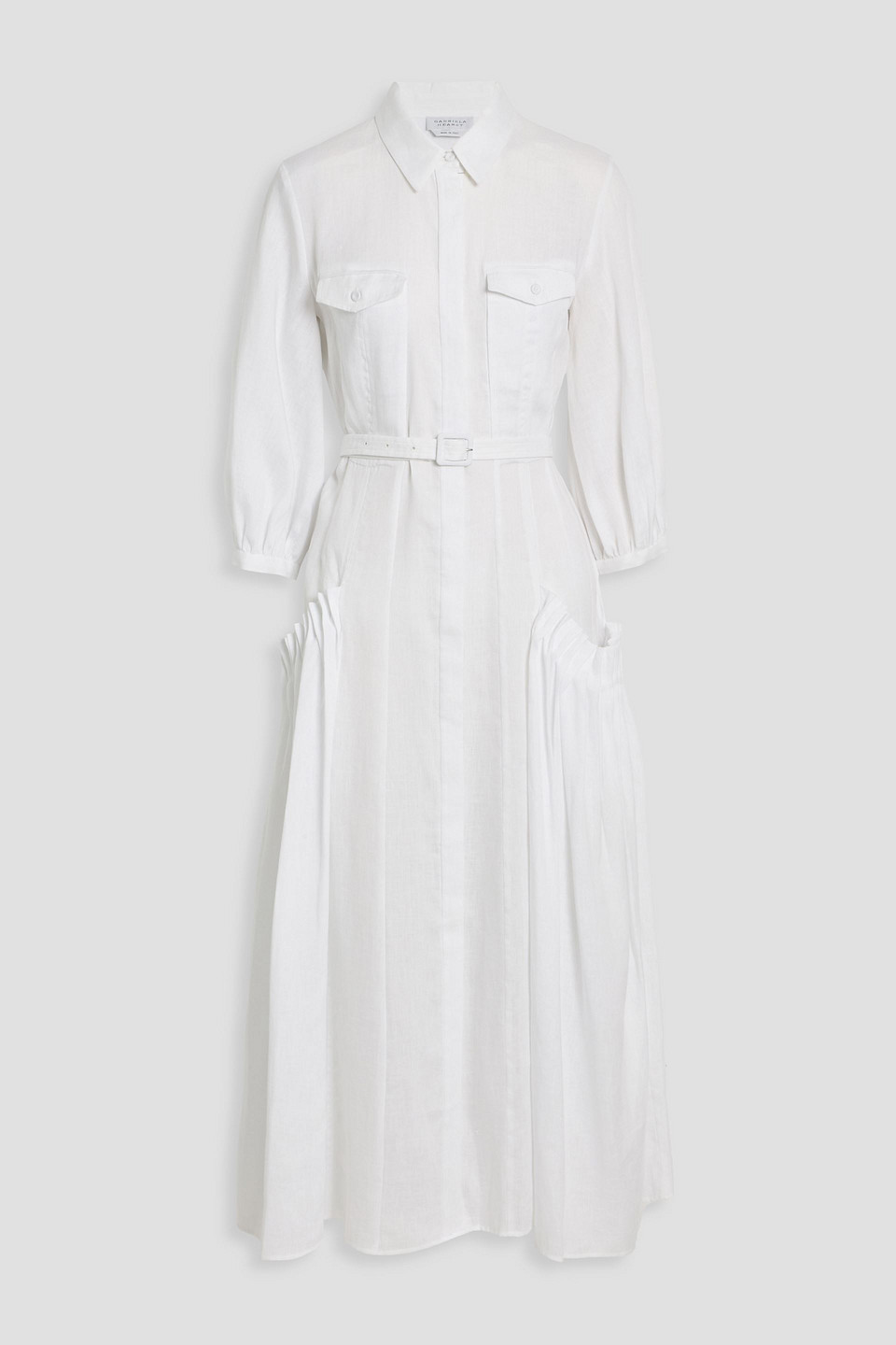 Gabriela Hearst Woodward Belted Pleated Linen Midi Shirt Dress In White