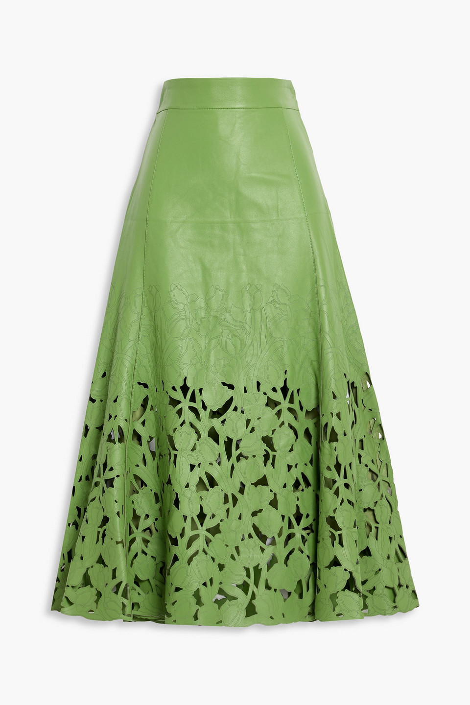 Oscar De La Renta Laser-cut Leather Midi Skirt In Green