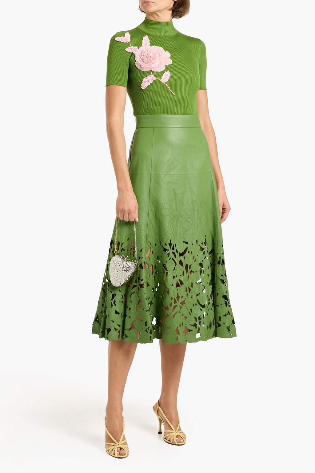 Laser-cut leather midi skirt - jade - US 2
