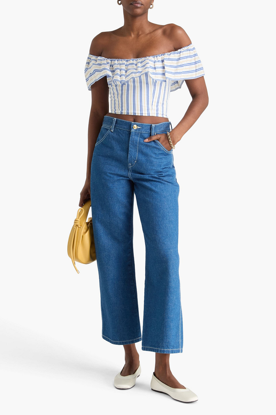 Claudie Pierlot - Schulterfreies Cropped Oberteil Aus Einer Lyocellmischung Mit Streifen - Blau - Fr 34 