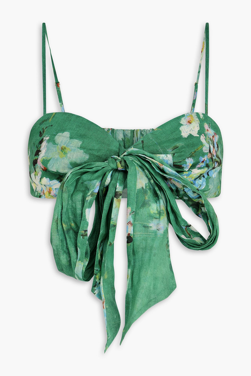 Zimmermann Bow-detailed Floral-print Linen Bra Top In Green