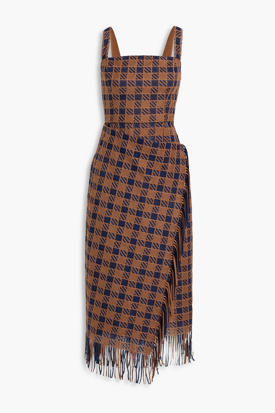 oscar de la renta - fringed checked guipure lace midi dress - brown - us 0
