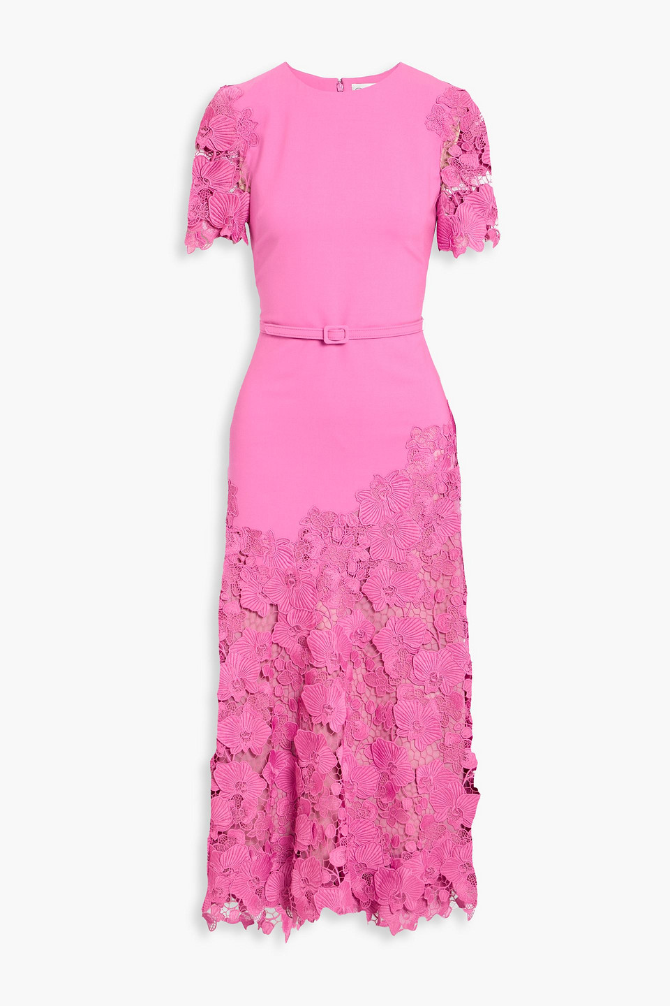 Oscar De La Renta Belted Guipure Lace-paneled Wool-blend Midi Dress In Pink