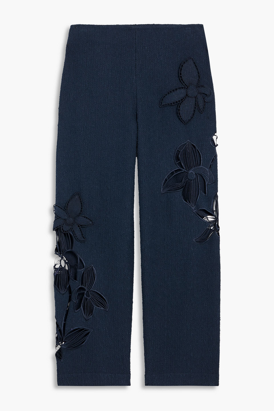 Oscar De La Renta Floral-appliquéd Cotton-blend Tweed Straight-leg Pants In Blue