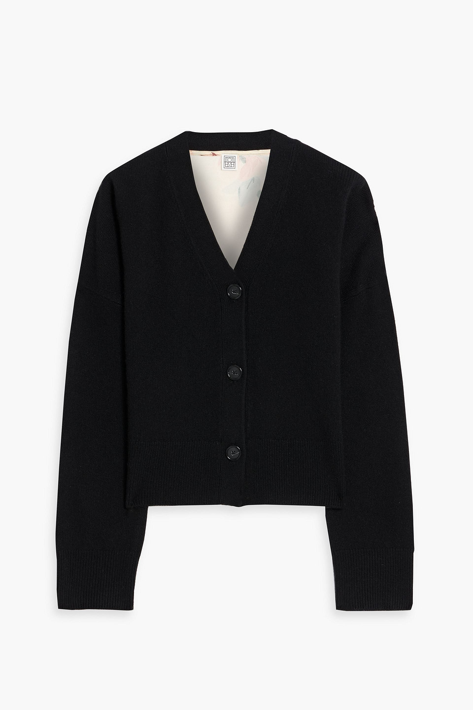 Totême Floral-print Satin-paneled Cashmere Cardigan In Black